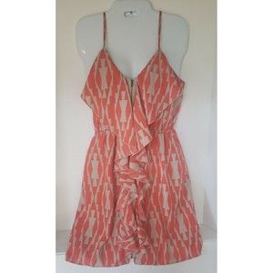 Orange Aztec Geometric Full Front Zipper Ruffle Sleeveless Dress Size Medium